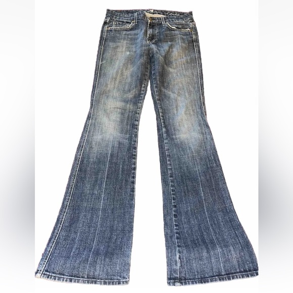 7 for all Mankind "A Pocket”Bootcut blue Jeans Frayed Cuff Flared Cotton size 28 - Picture 8 of 13